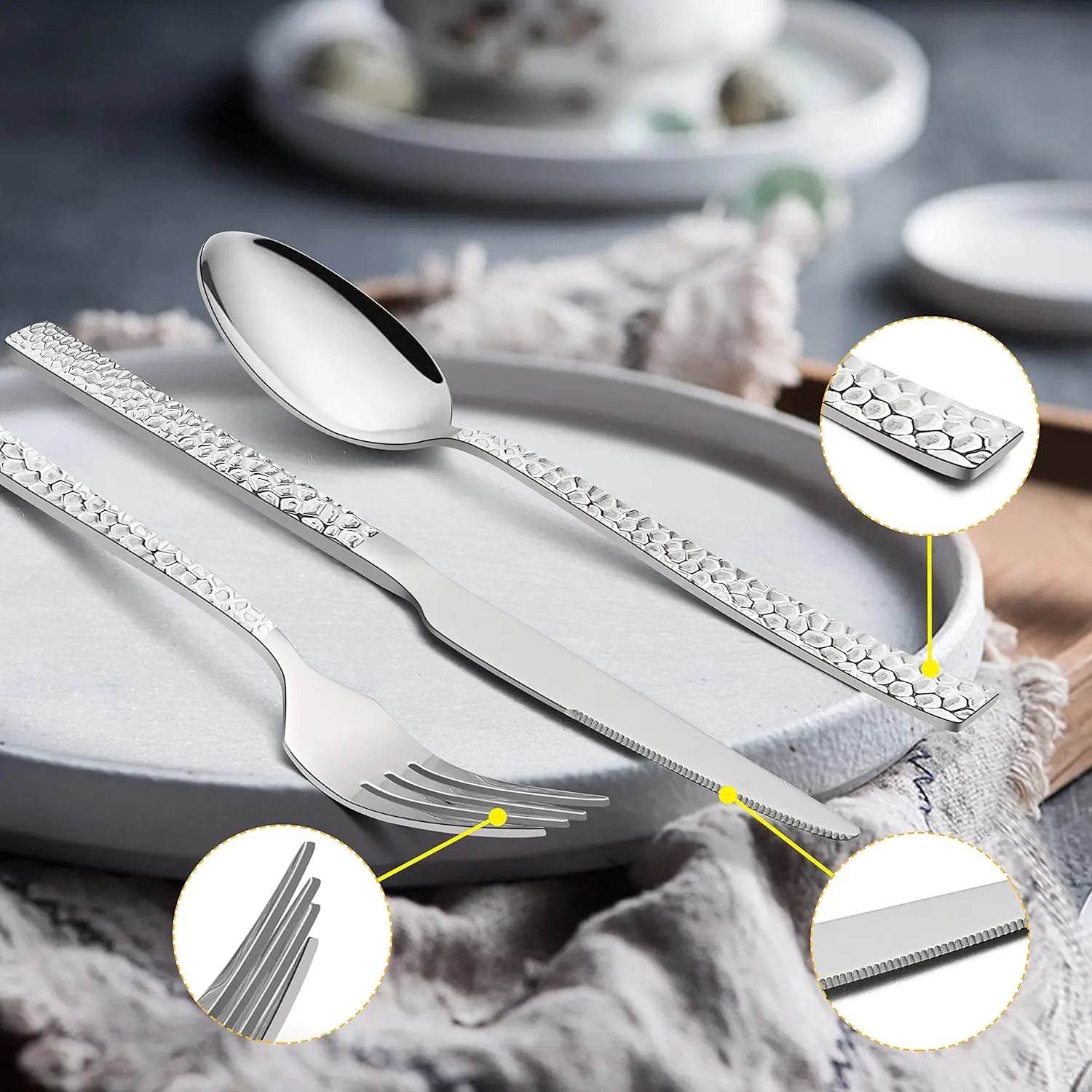 65-Piece Stainless Steel Hammered Flatware Set for 12, with Serving Pieces - Our Families Kitchen