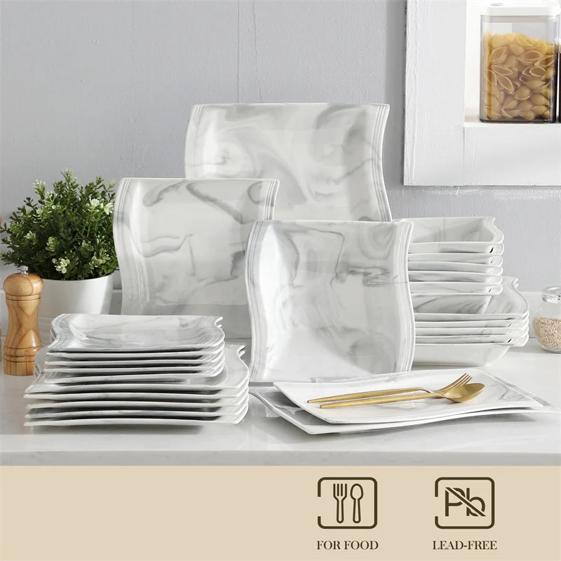 26Pcs Nordic Marble Pattern Porcelain Plates and Bowls Square Dinnerware Set - Our Families Kitchen