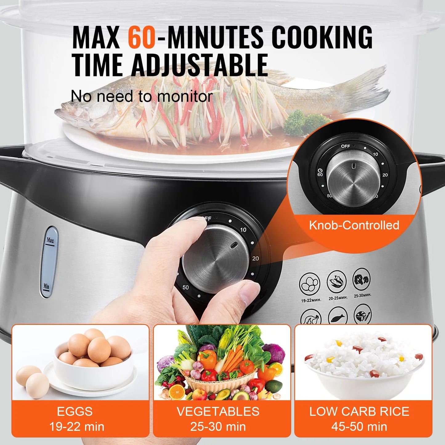 VEVOR Electric Food Steamer 9.5Qt/9L, 3-Tier Stackable Trays, 800W for Cooking