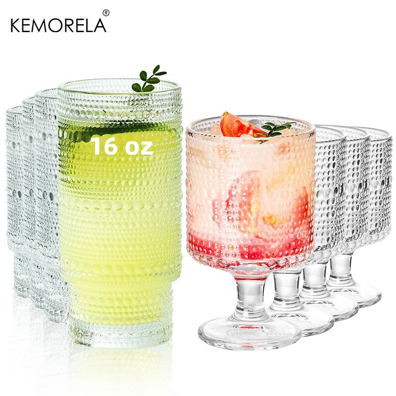 8PCS Vintage Drinking Glasses Hobnail Glassware Includes 8/16 Oz Goblet Wine Glasses Perfect for Beverages Beer Cocktail Whiskey - Our Families Kitchen