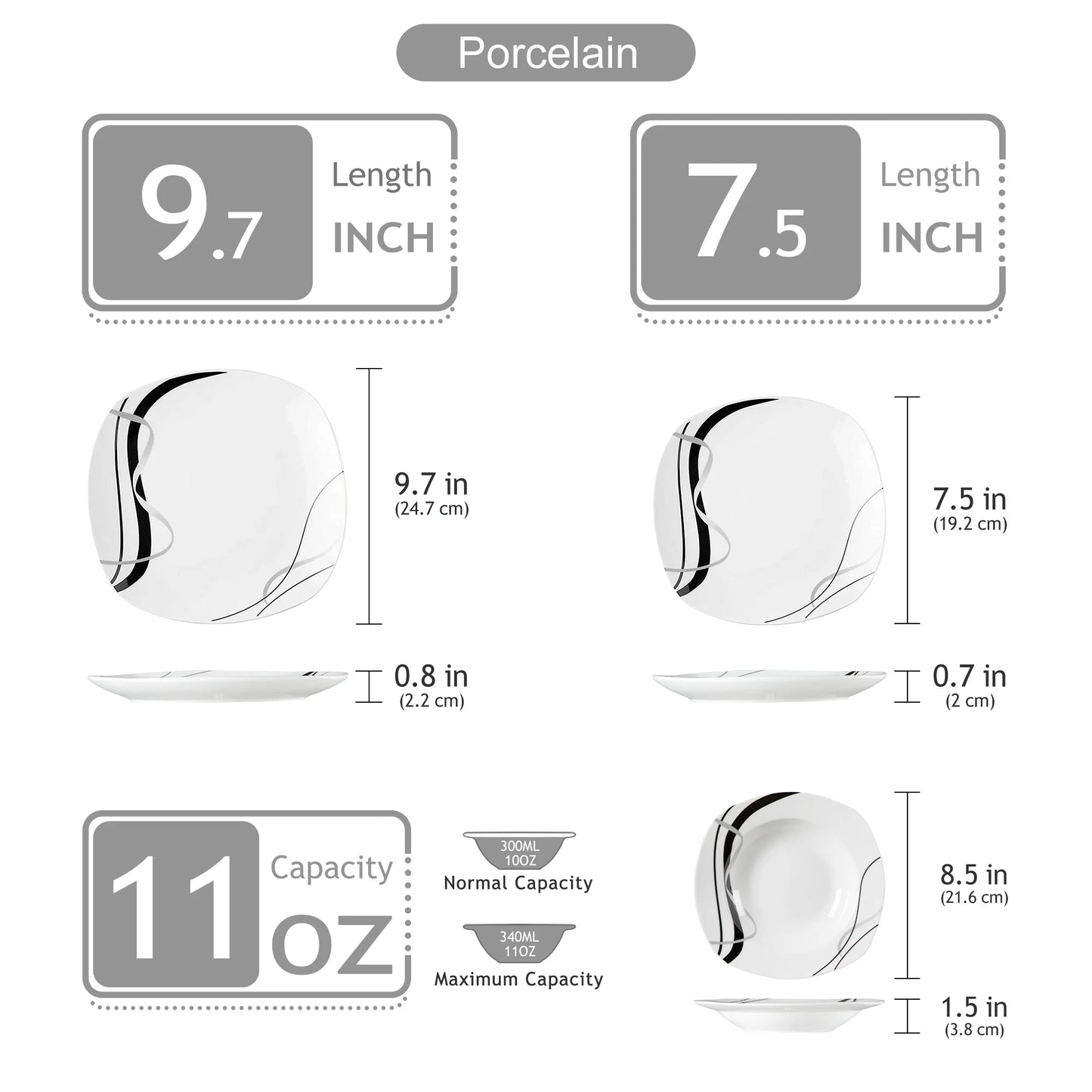 VEWEET FIONA 18/36-Piece Porcelain Ceramic Black Line Kitchen Tableware