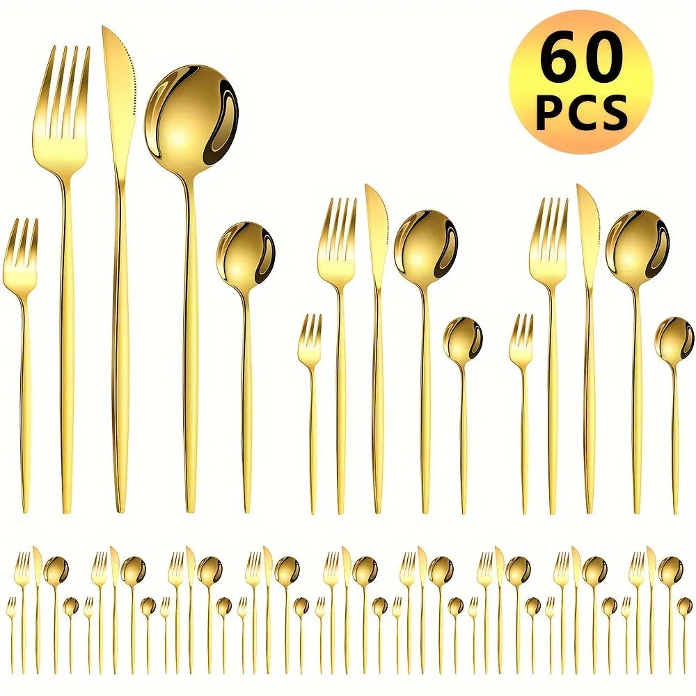 60pcs Stainless Steel - Luxe Golden Cutlery Set, Mirror Polished, Gift Box, - Our Families Kitchen