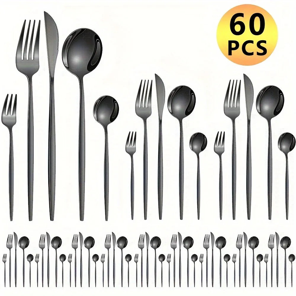 60pcs Stainless Steel - Luxe Golden Cutlery Set, Mirror Polished, Gift Box, - Our Families Kitchen