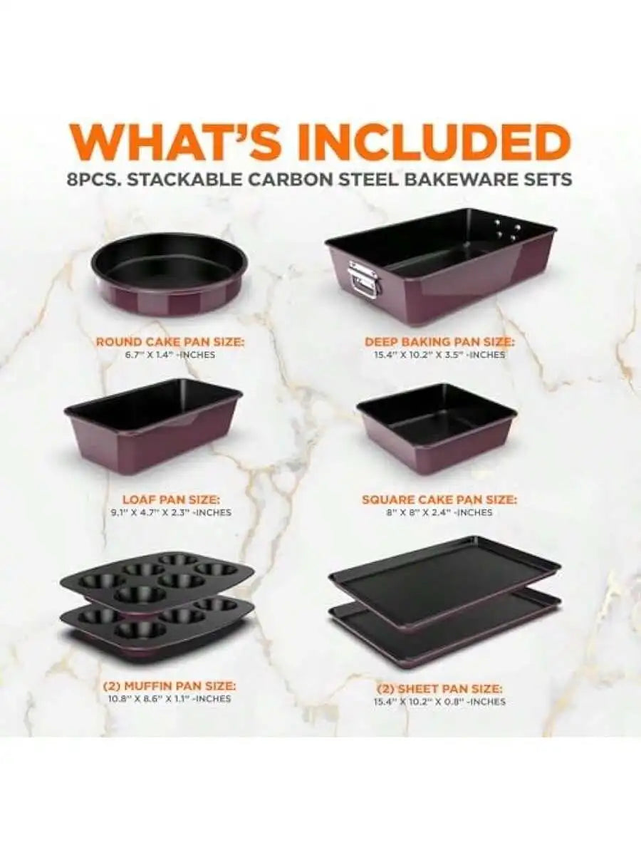 NutriChef 8-Piece Nonstick Stackable Bakeware Set, Non-Stick Coating 450°F Oven
