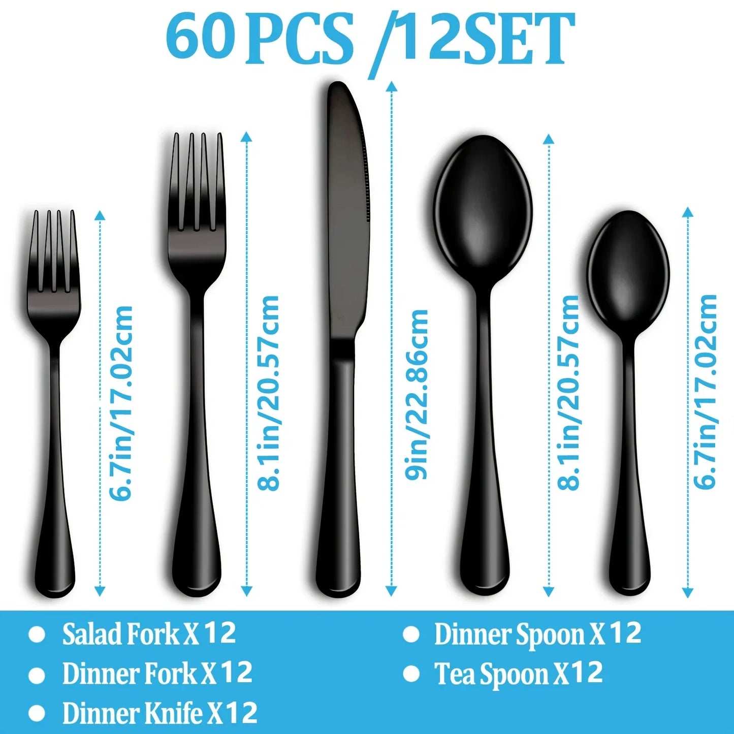 60pcs Black Stainless Steel Flatware Set, For 12
