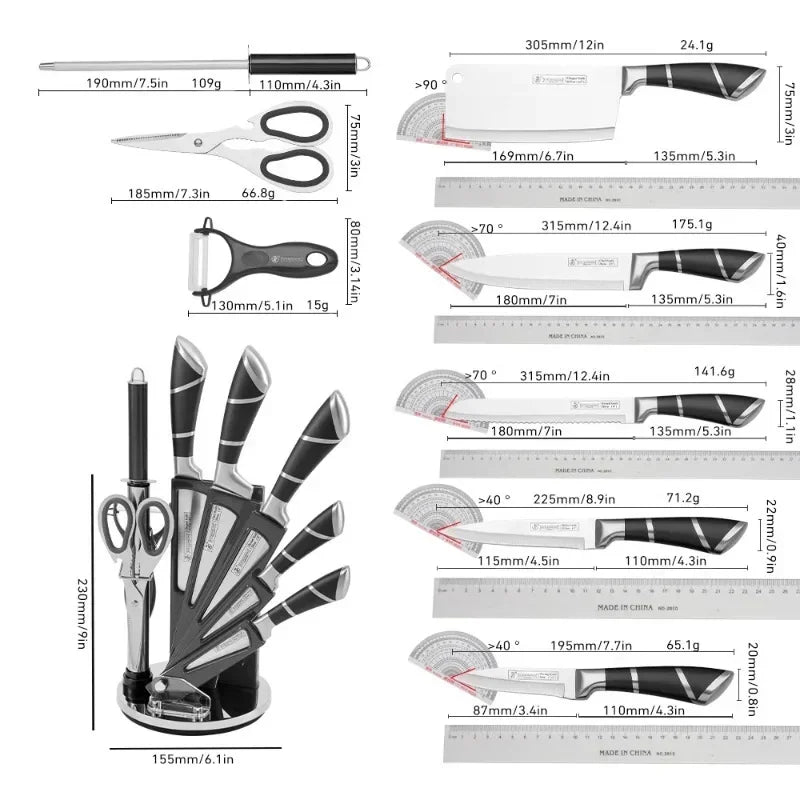 9pcs Stainless Steel Sharp Non-Stick Coated Chef Knives with Sharpener - Our Families Kitchen