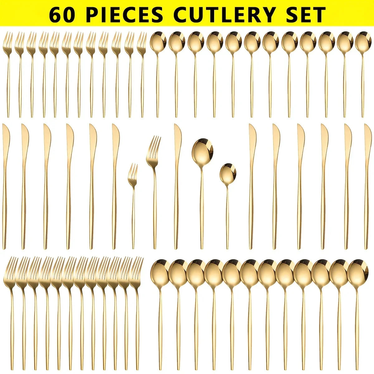 60pcs Stainless Steel - Luxe Golden Cutlery Set, Mirror Polished, Gift Box, - Our Families Kitchen