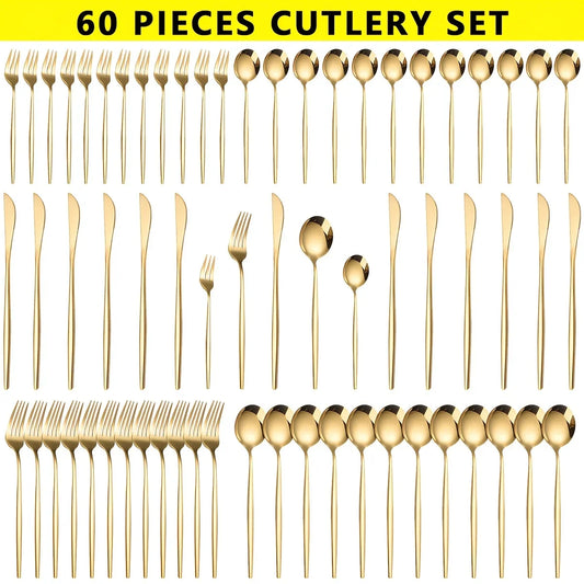 60pcs Stainless Steel - Luxe Golden Cutlery Set, Mirror Polished, Gift Box, - Our Families Kitchen