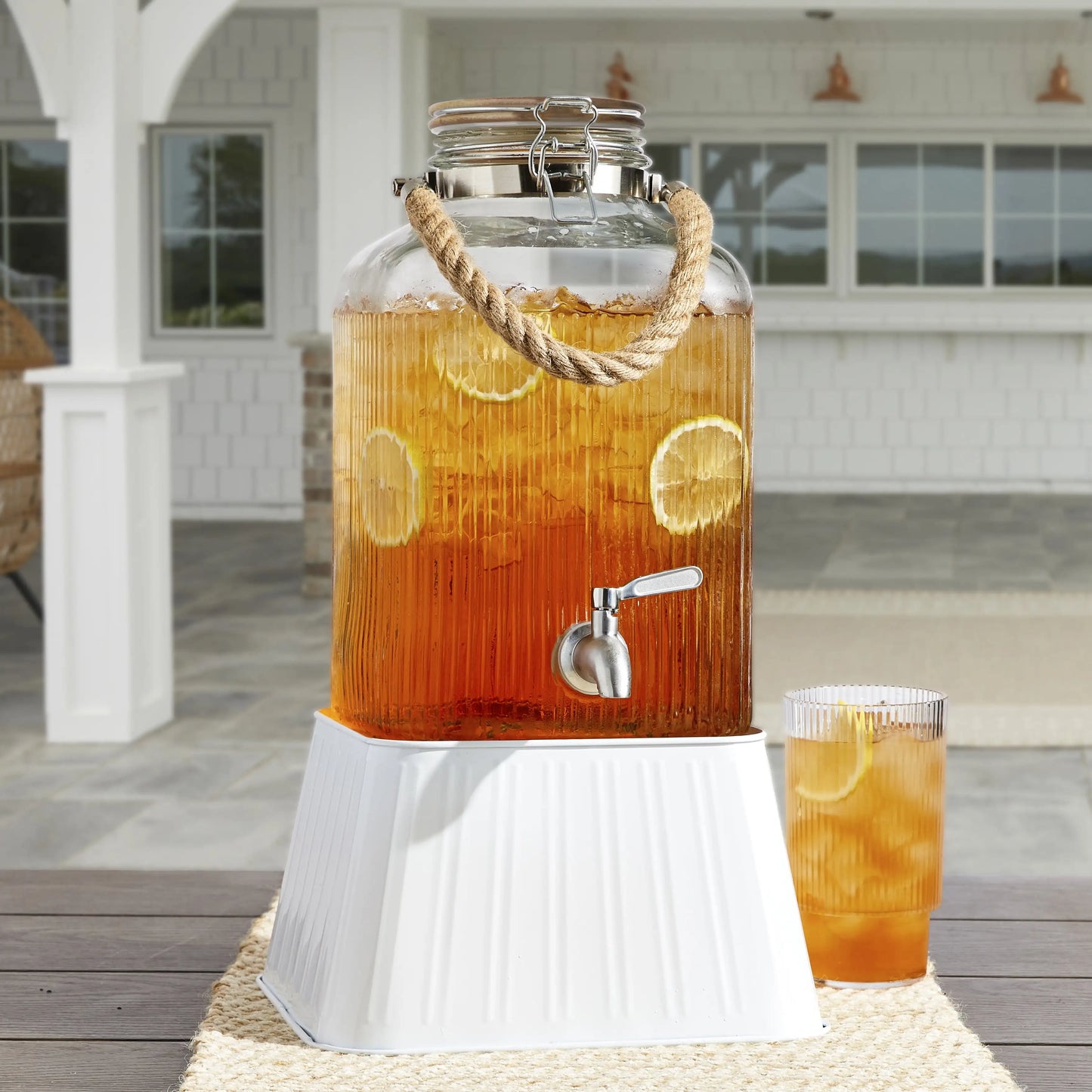 2 Gallon Ribbed Clear Glass Beverage Dispenser with Lid for Cold Drinks