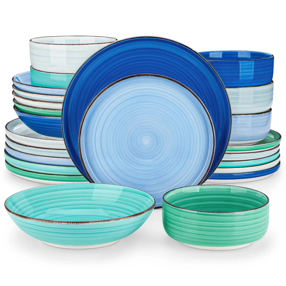 Vancasso Ceramic Tableware 24PCS Color Hand Painted Spirals Pattern Dinner Plates/Dessert/Bowl/Soup Plates - Our Families Kitchen