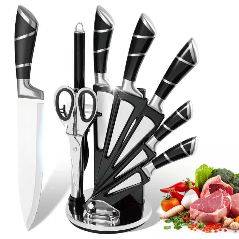 9pcs Stainless Steel Sharp Non-Stick Coated Chef Knives with Sharpener - Our Families Kitchen