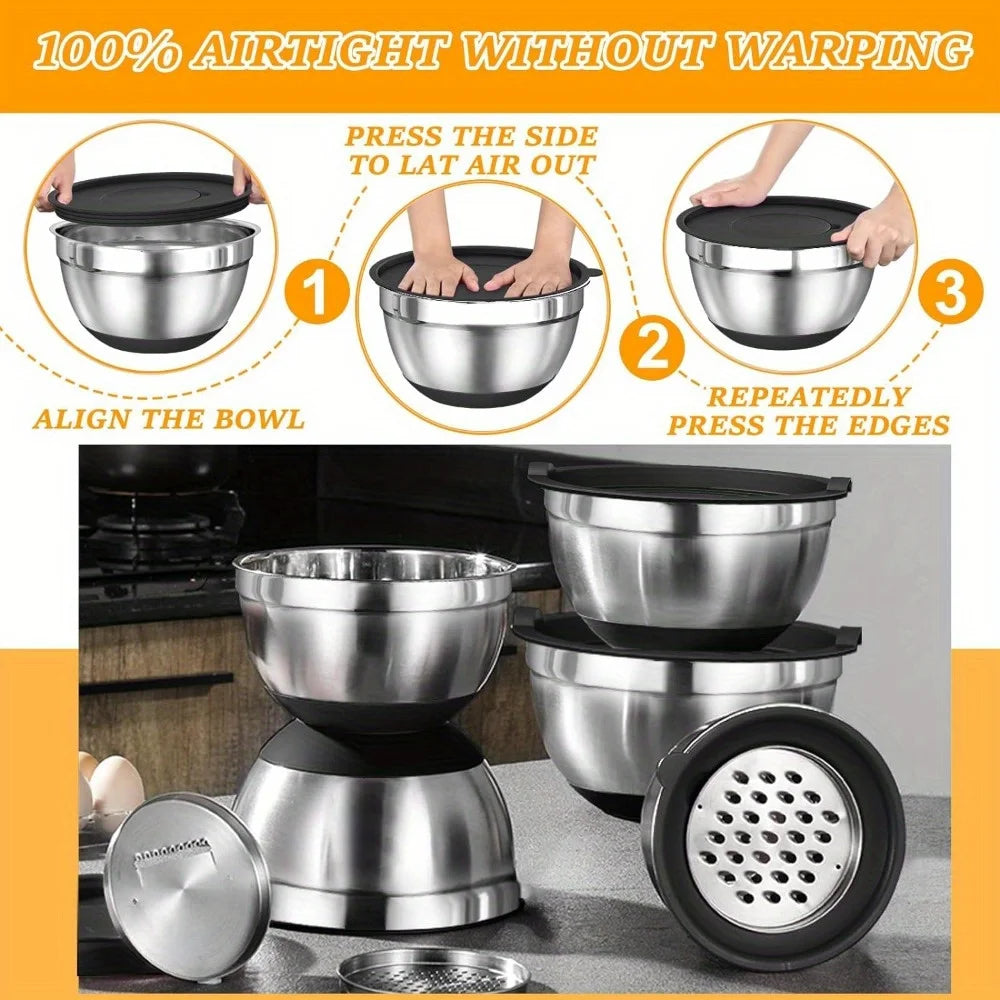 17pcs, Stainless Steel Mixing Bowl Set Mixing Bowls With Lids Grater Attachment - Our Families Kitchen