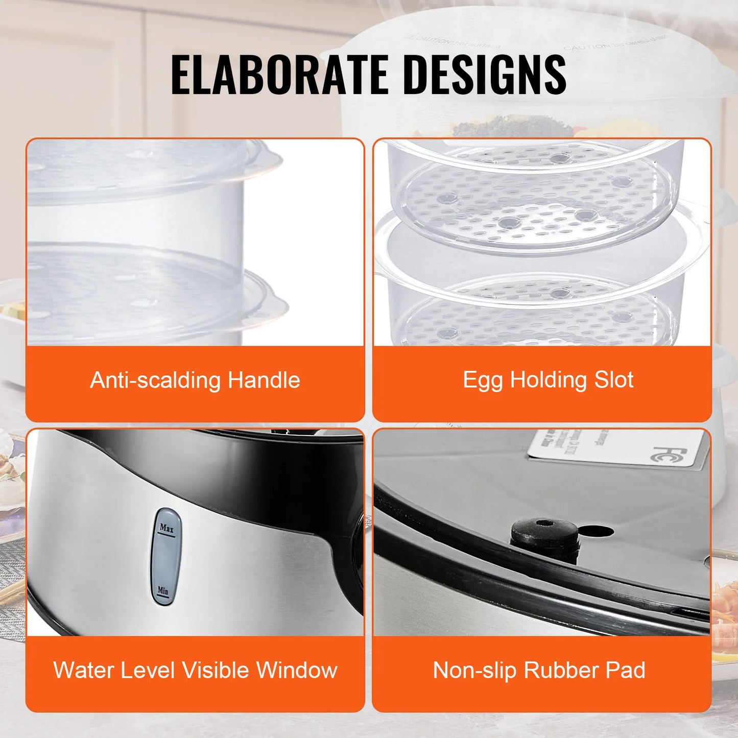 VEVOR Electric Food Steamer 9.5Qt/9L, 3-Tier Stackable Trays, 800W for Cooking