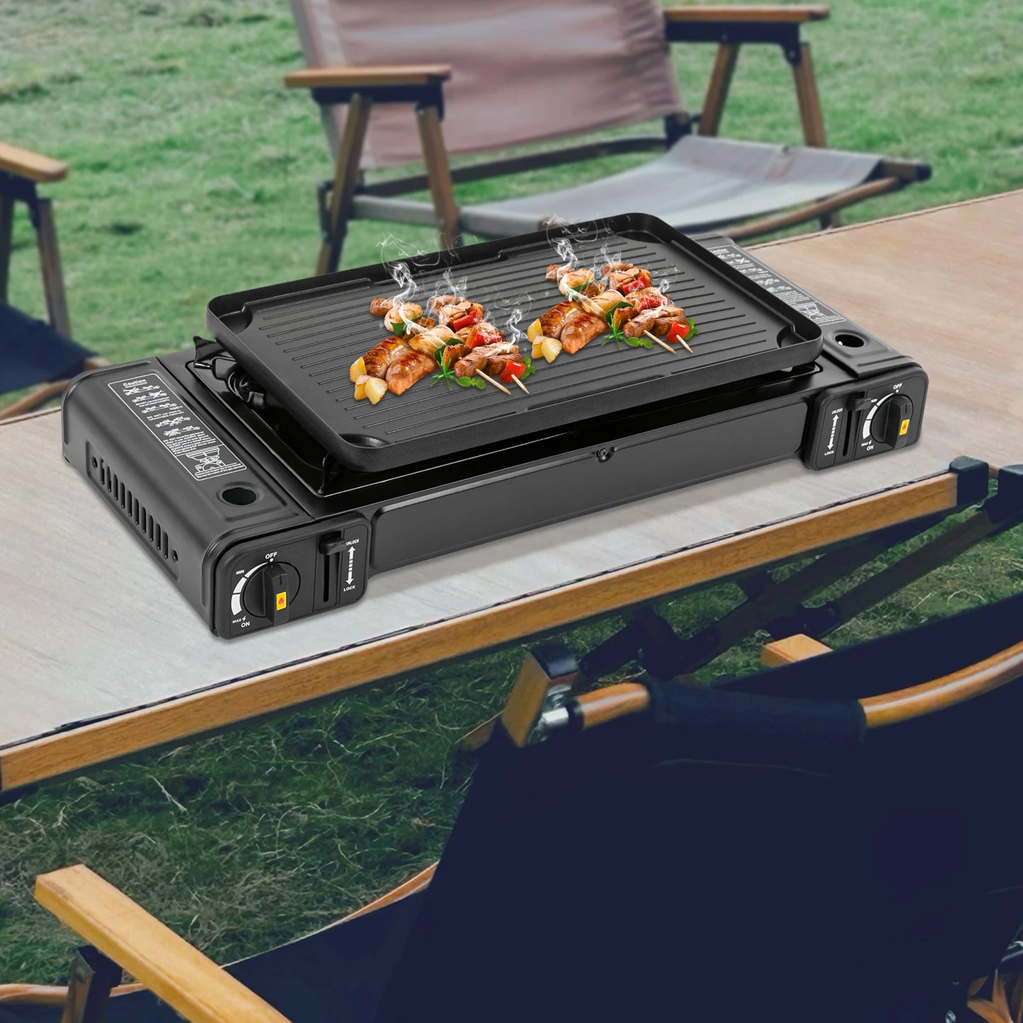 2-Burner Portable Camping Stove, Butane, BBQ, Home (with Grill Tray)