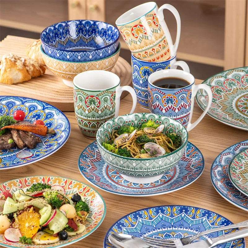 16Pcs Ceremic Porcelain Dinnerware Set Bohemian Mandala Patterned - Our Families Kitchen