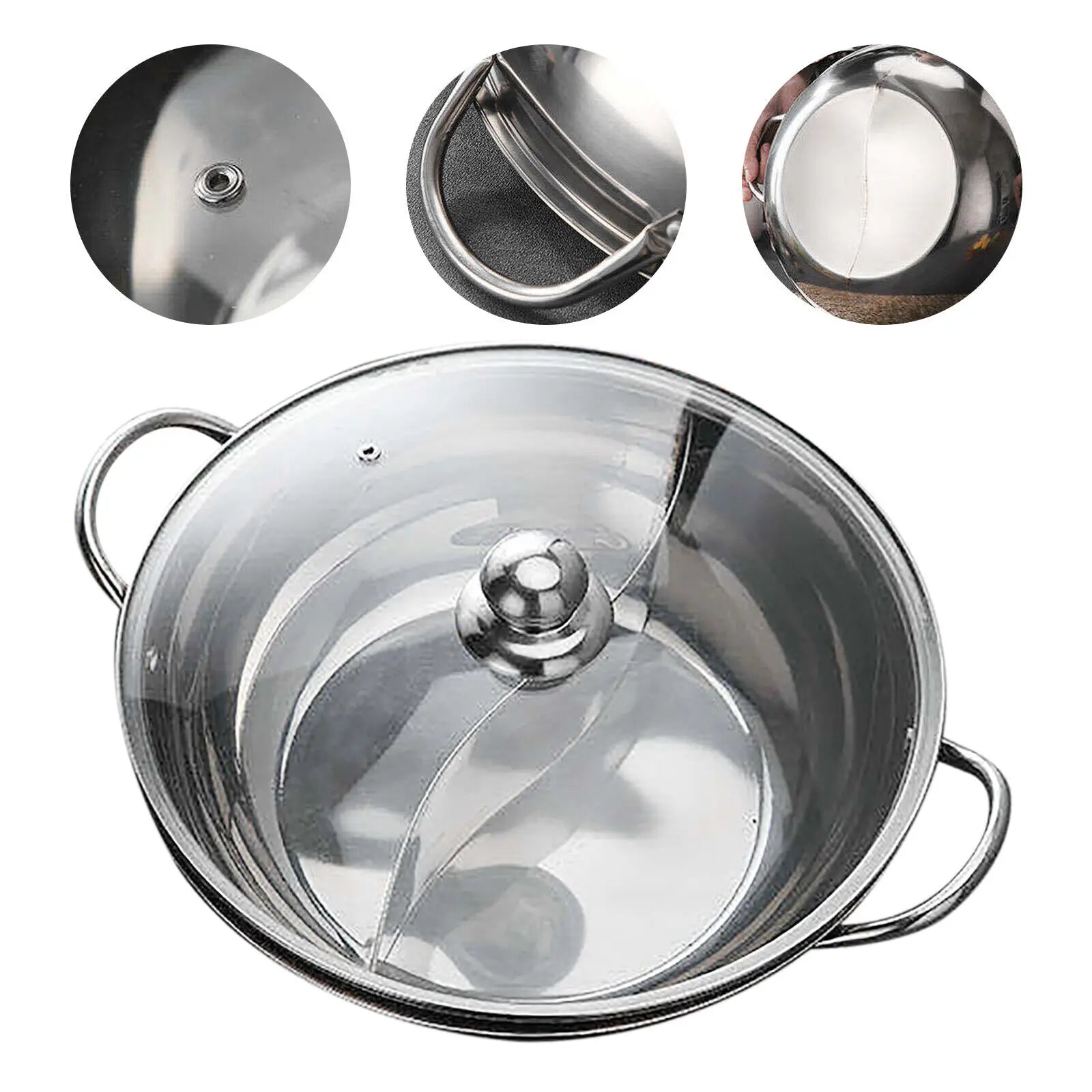 Stainless Steel Double-flavor Hot Pot - 5L Partitioned Cookware with Tempered Glass Lid - Our Families Kitchen