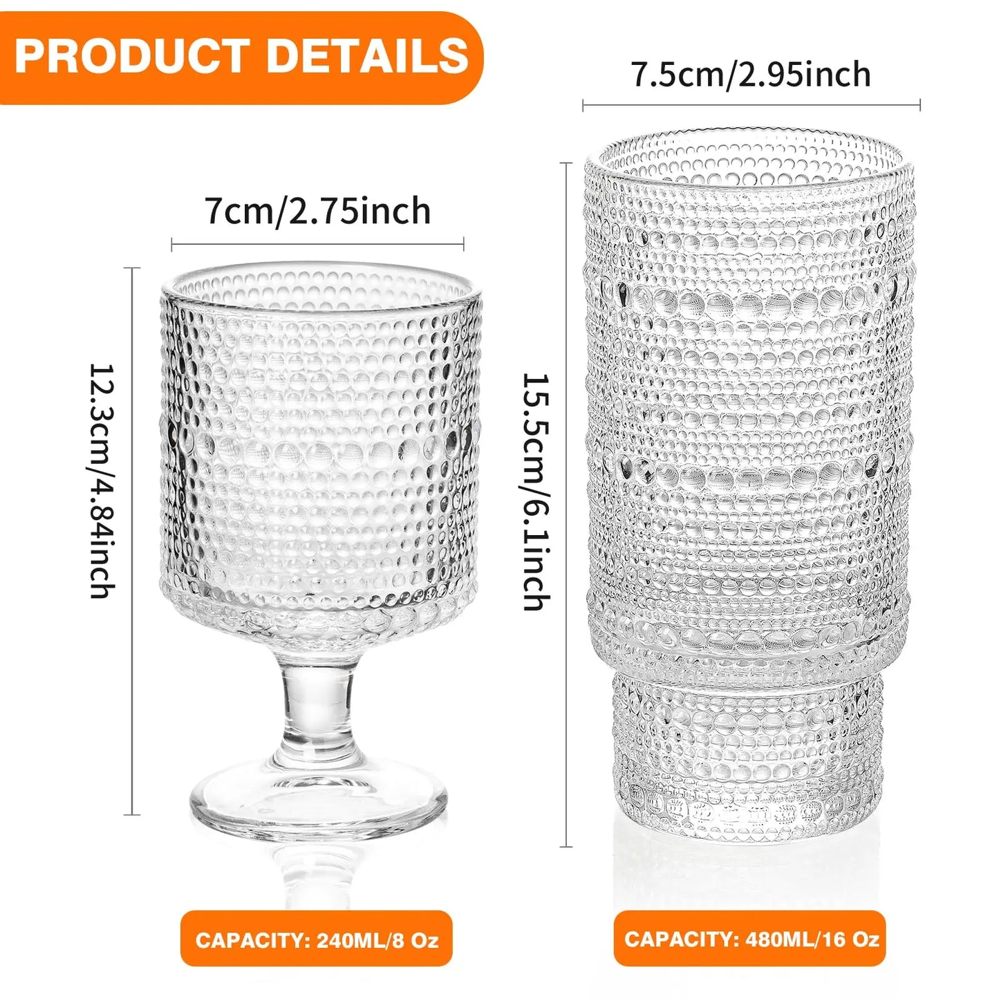 8PCS Vintage Drinking Glasses Hobnail Glassware Includes 8/16 Oz Goblet Wine Glasses Perfect for Beverages Beer Cocktail Whiskey - Our Families Kitchen