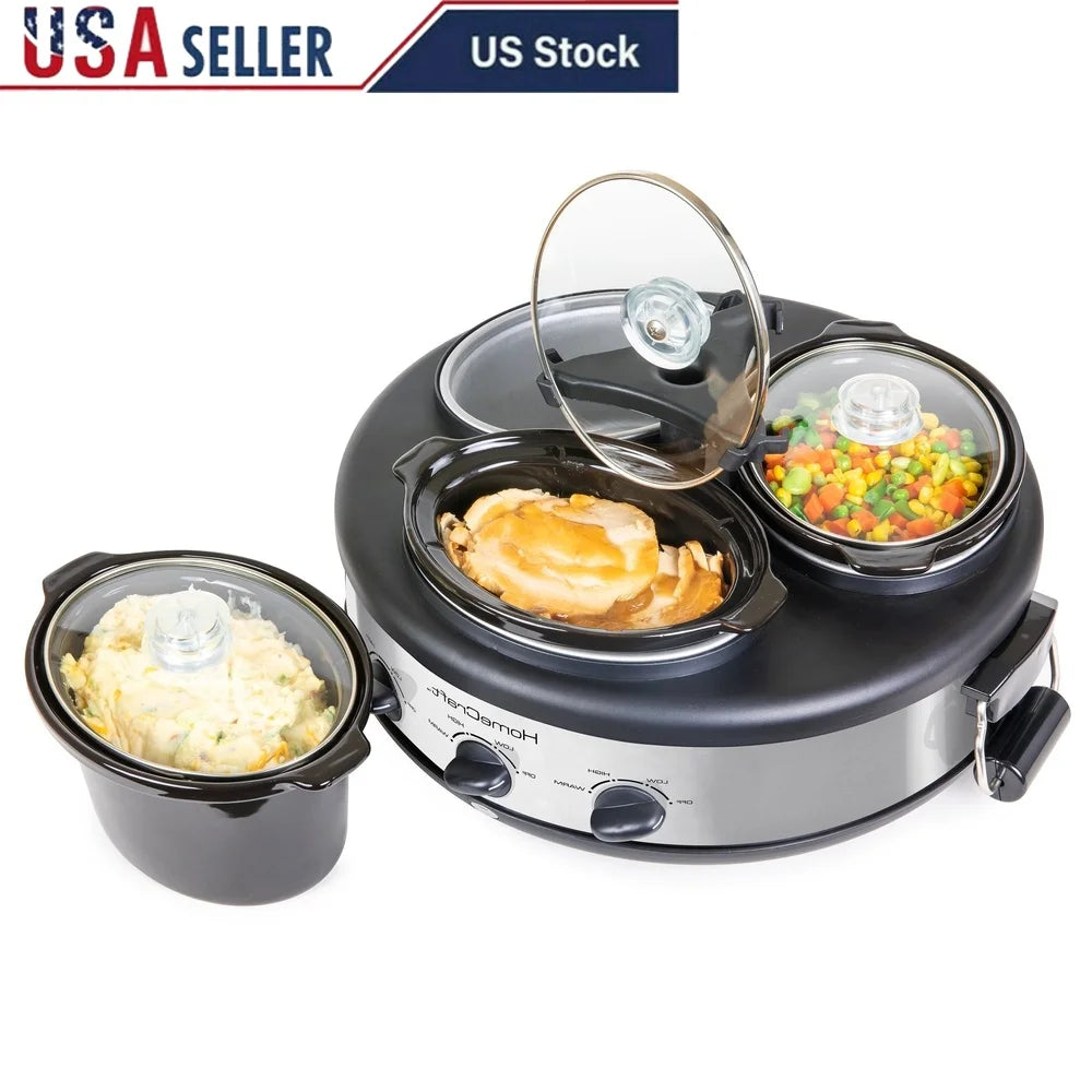 Triple 1.5qt Stainless Steel Slow Cooker, Adjustable Heat Control 3 Ceramic Pots