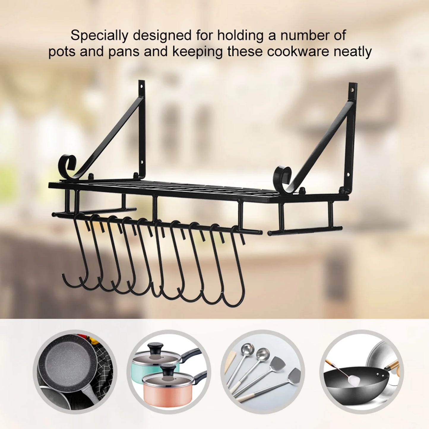 Kitchen Storage Metal Pan & Pot Rack Wall Mounted with 10 Hook Holders