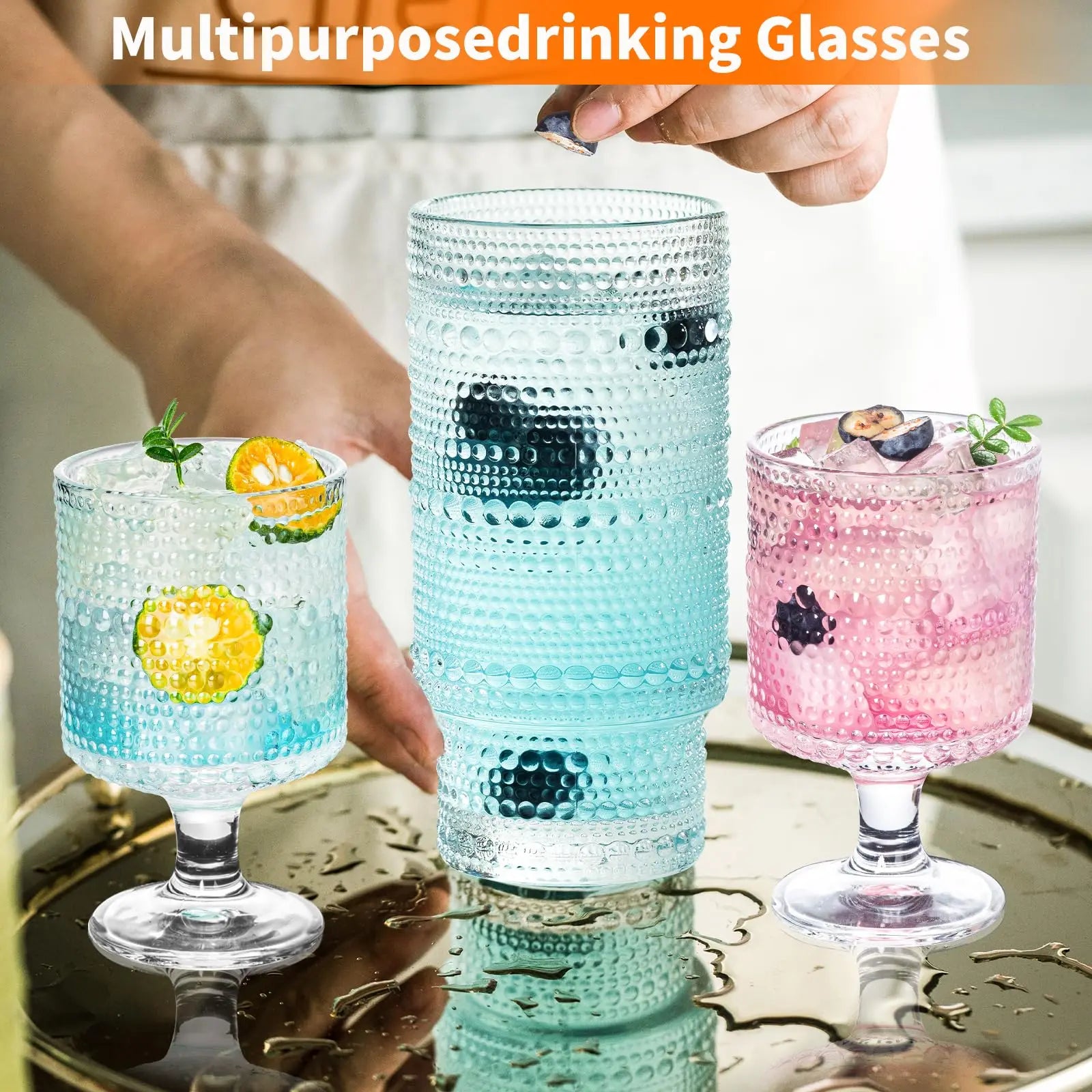 8PCS Vintage Drinking Glasses Hobnail Glassware Includes 8/16 Oz Goblet Wine Glasses Perfect for Beverages Beer Cocktail Whiskey - Our Families Kitchen