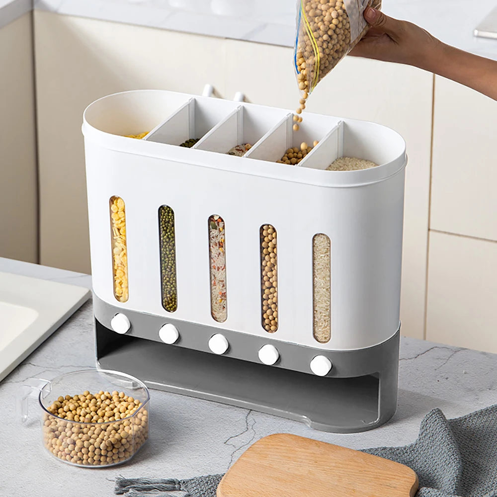Kitchen Storage Despenser Wall Mounted 5 Grid Grain Dry Food Storage Container 9kg