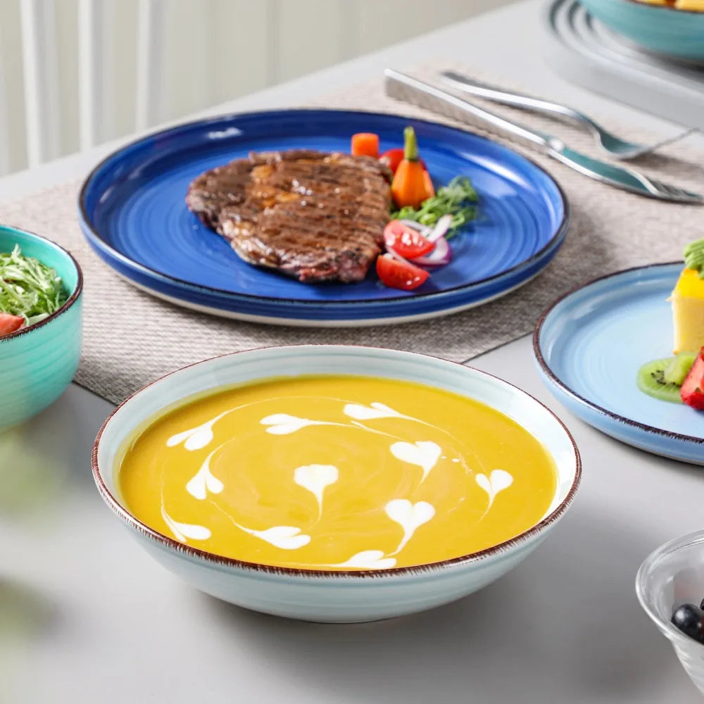 Vancasso Ceramic Tableware 24PCS Color Hand Painted Spirals Pattern Dinner Plates/Dessert/Bowl/Soup Plates - Our Families Kitchen