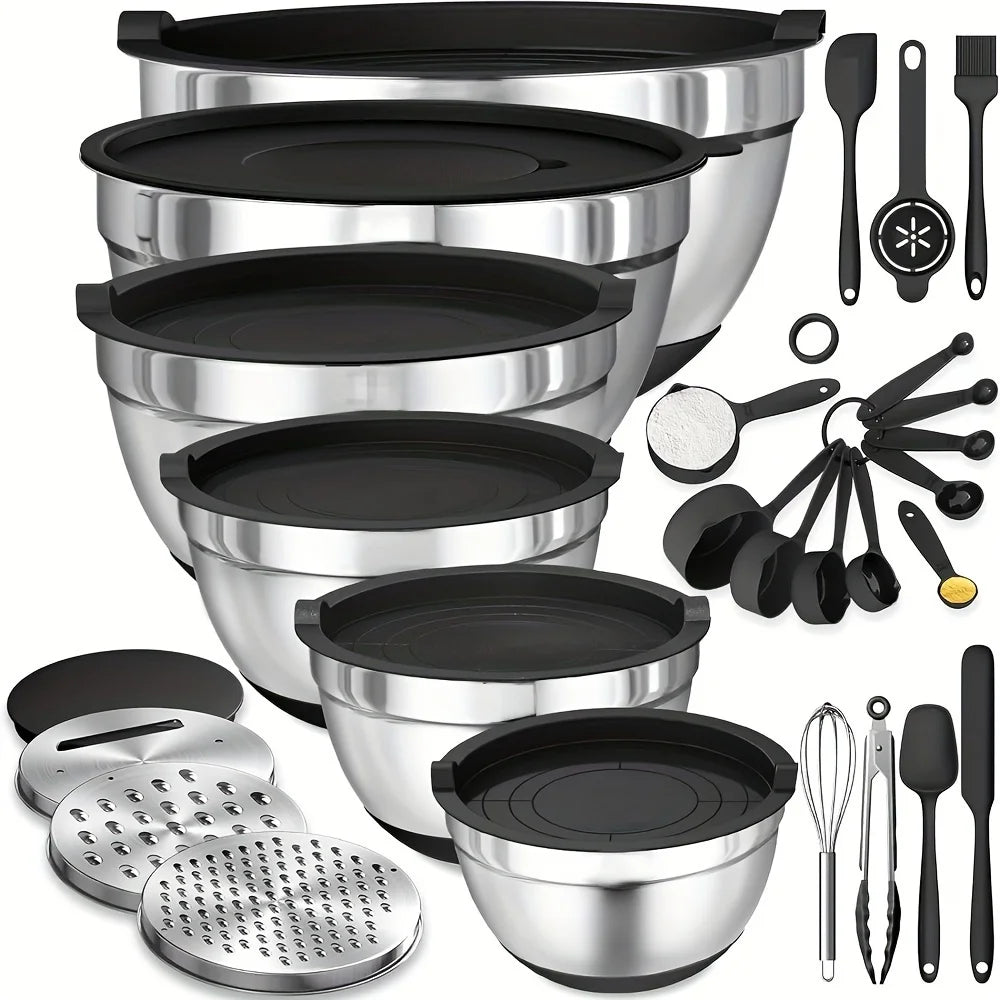 17pcs, Stainless Steel Mixing Bowl Set Mixing Bowls With Lids Grater Attachment - Our Families Kitchen