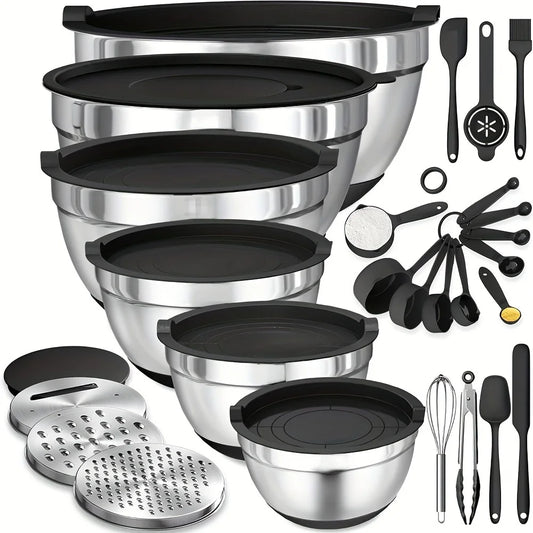 17pcs, Stainless Steel Mixing Bowl Set Mixing Bowls With Lids Grater Attachment - Our Families Kitchen