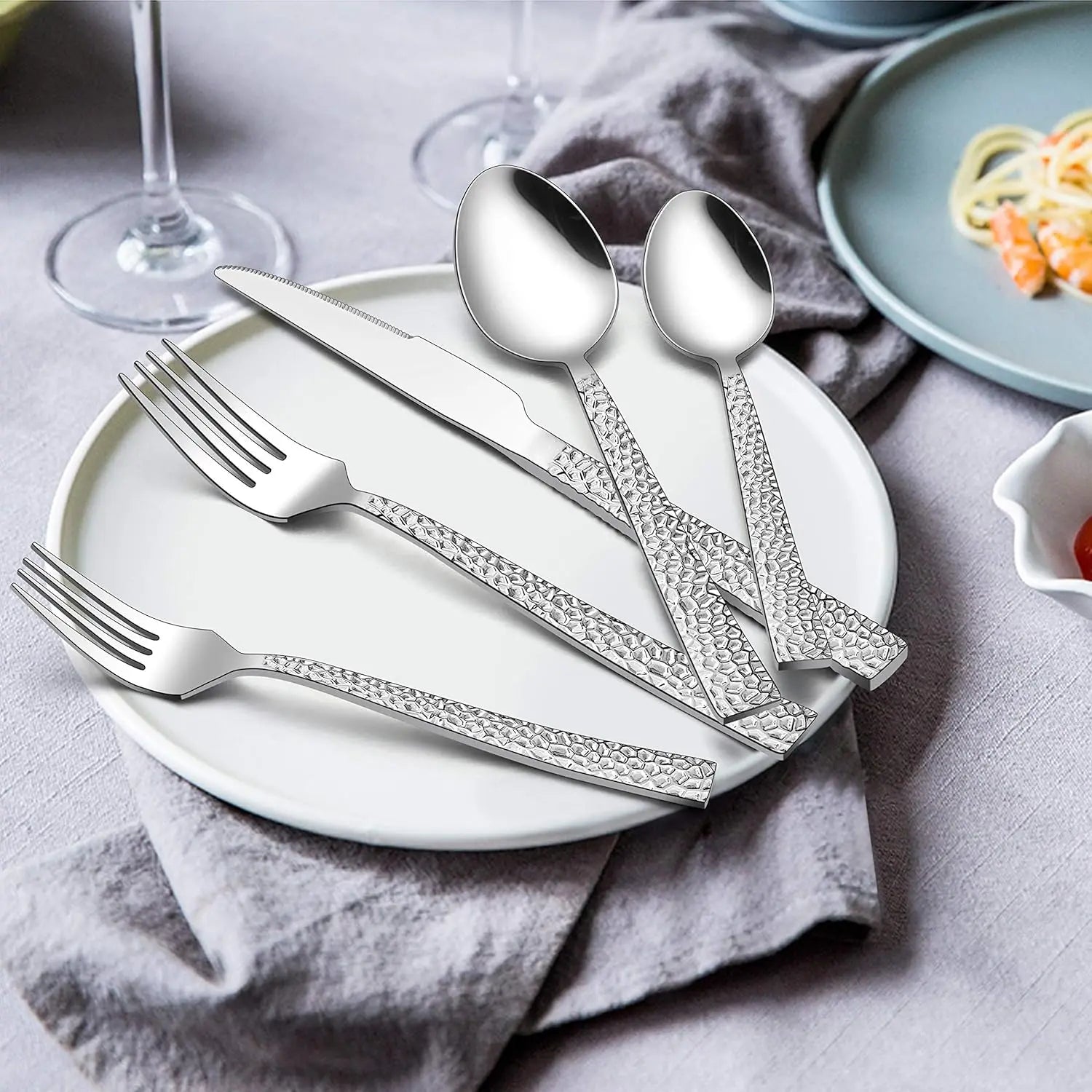 65-Piece Stainless Steel Hammered Flatware Set for 12, with Serving Pieces - Our Families Kitchen