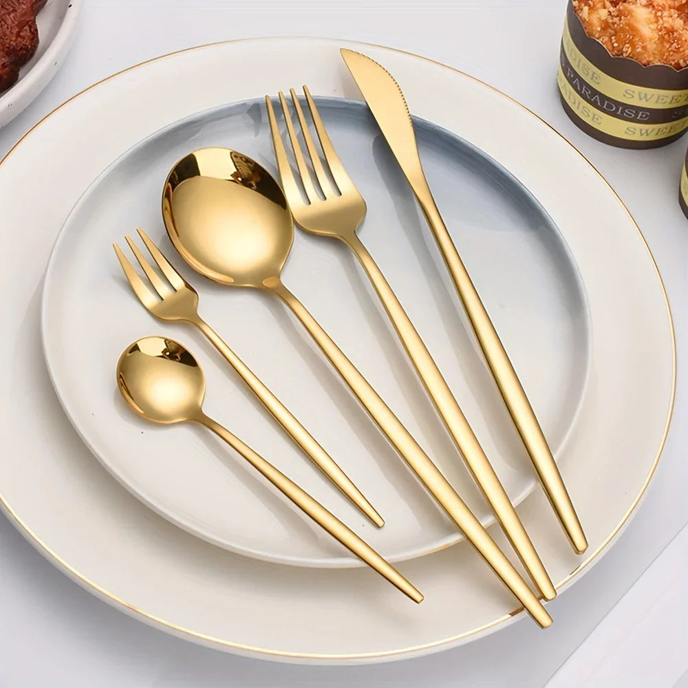 60pcs Stainless Steel - Luxe Golden Cutlery Set, Mirror Polished, Gift Box, - Our Families Kitchen