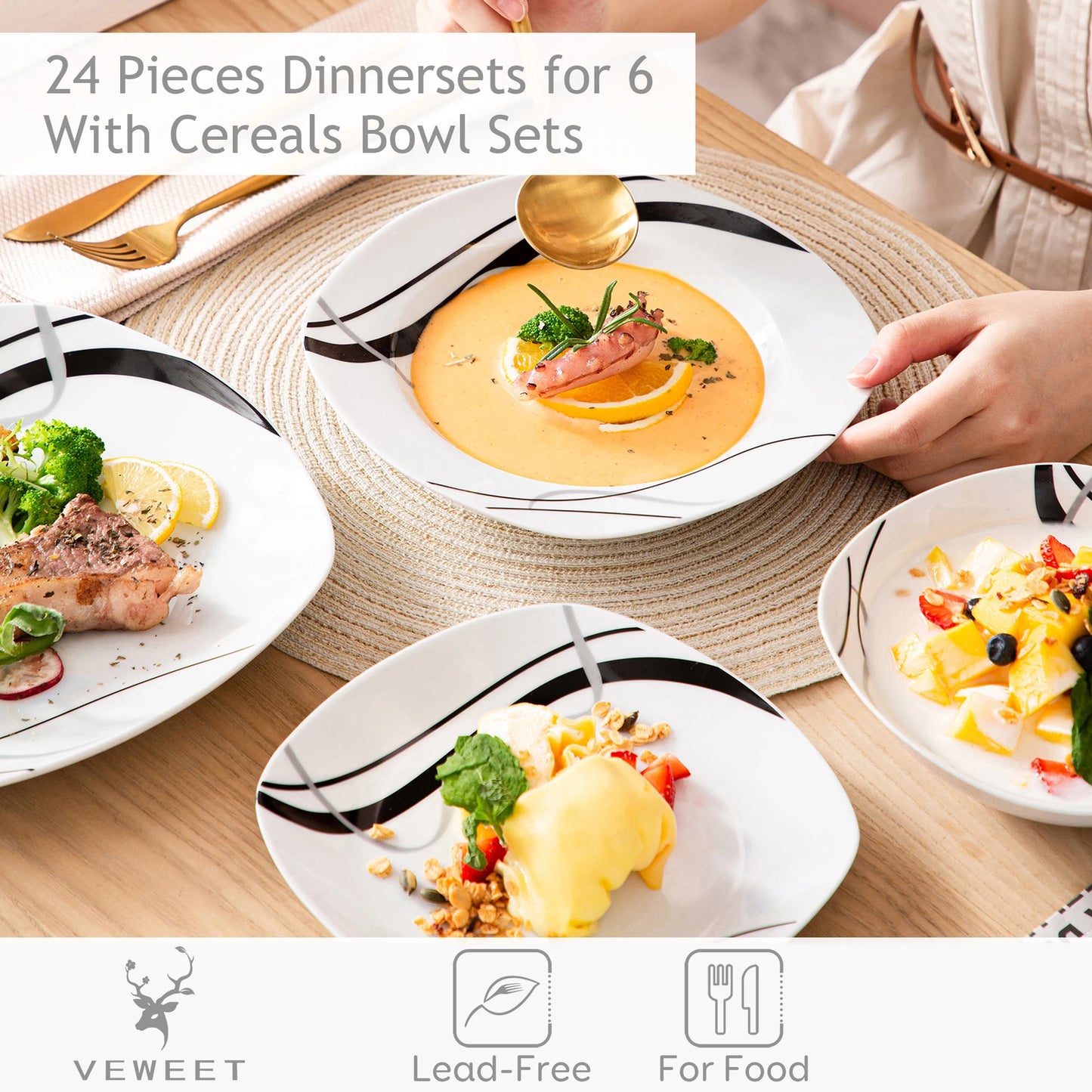 VEWEET FIONA 18/36-Piece Porcelain Ceramic Black Line Kitchen Tableware