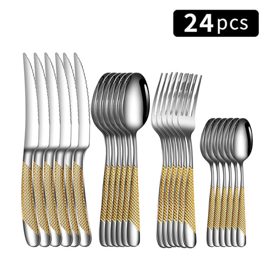 24pc Stainless steel tableware star steak knife and fork dessert fork spoon