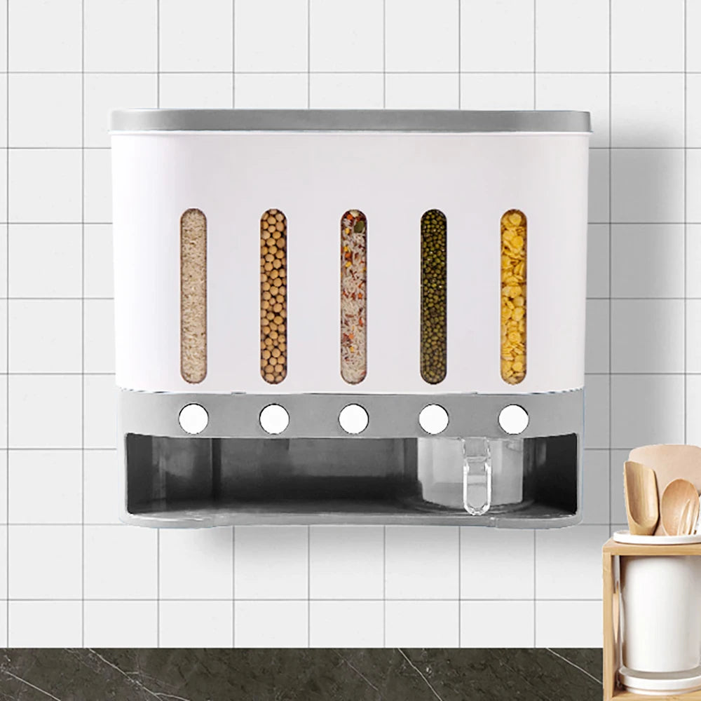 Kitchen Storage Despenser Wall Mounted 5 Grid Grain Dry Food Storage Container 9kg