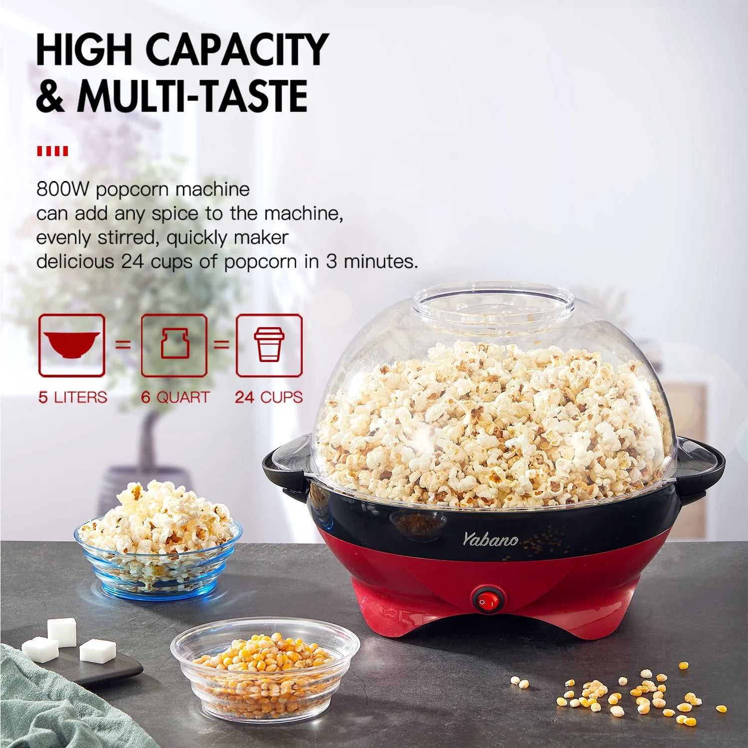Popcorn Machine, 6-Quart Popcorn Popper maker, Nonstick Plate, Electric Stirring with Quick-Heat Technology, Cool Touch Handles - Our Families Kitchen