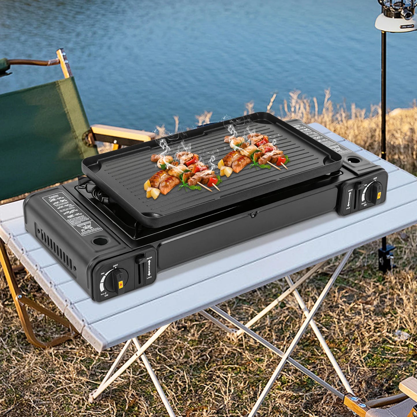 2-Burner Portable Camping Stove, Butane, BBQ, Home (with Grill Tray)