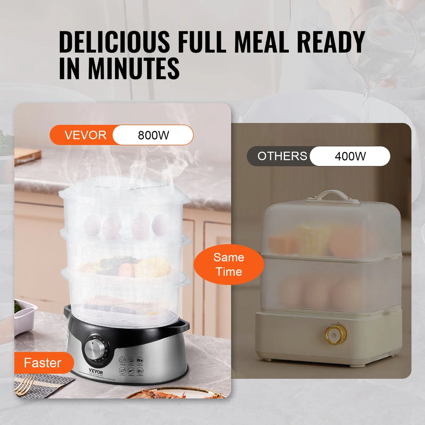 VEVOR Electric Food Steamer 9.5Qt/9L, 3-Tier Stackable Trays, 800W for Cooking