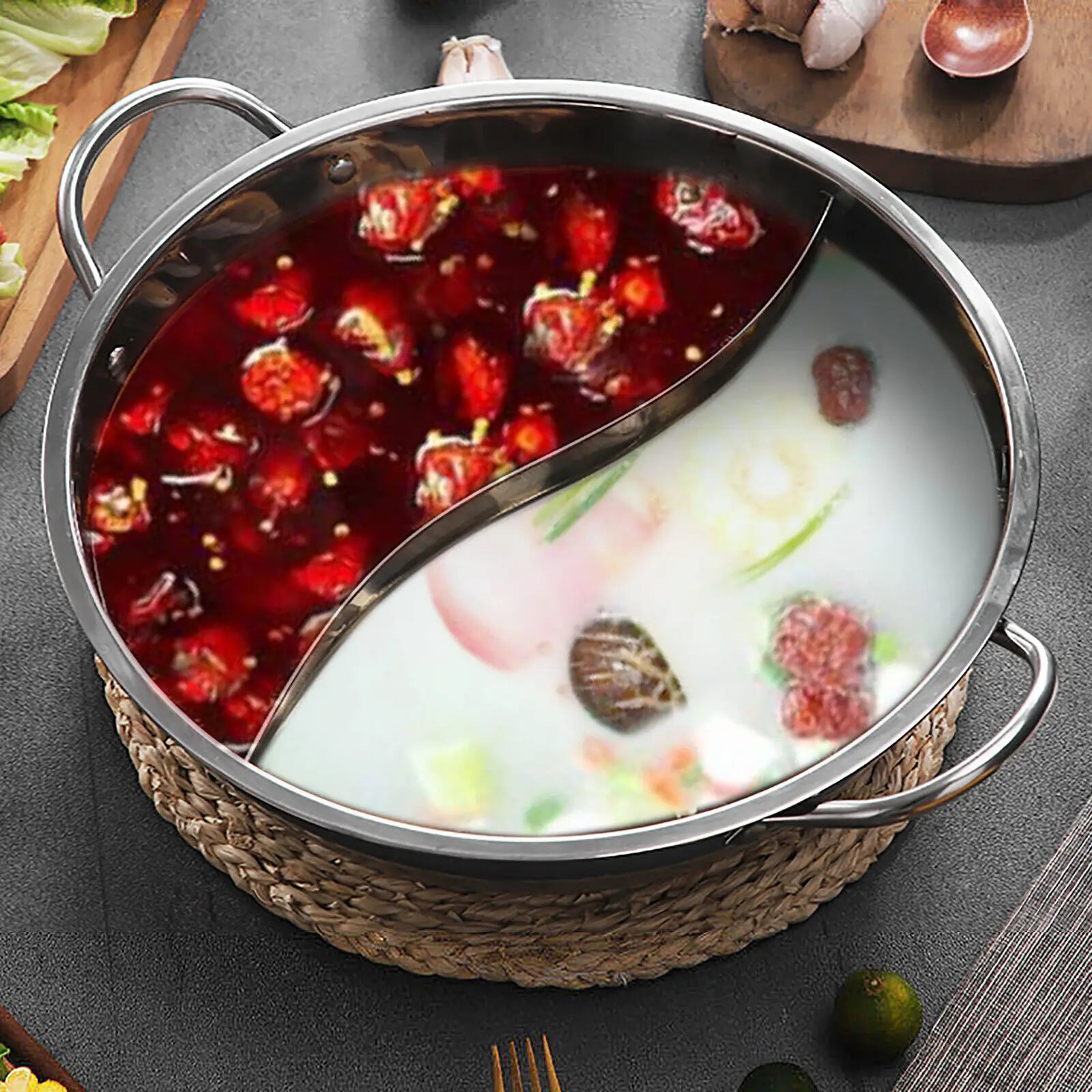 Stainless Steel Double-flavor Hot Pot - 5L Partitioned Cookware with Tempered Glass Lid - Our Families Kitchen