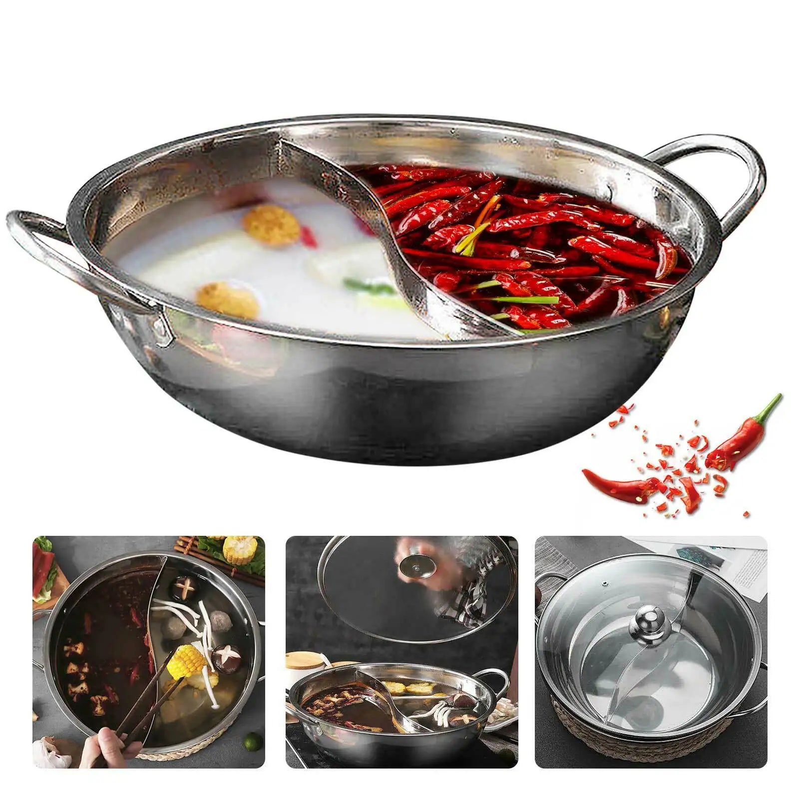 Stainless Steel Double-flavor Hot Pot - 5L Partitioned Cookware with Tempered Glass Lid - Our Families Kitchen