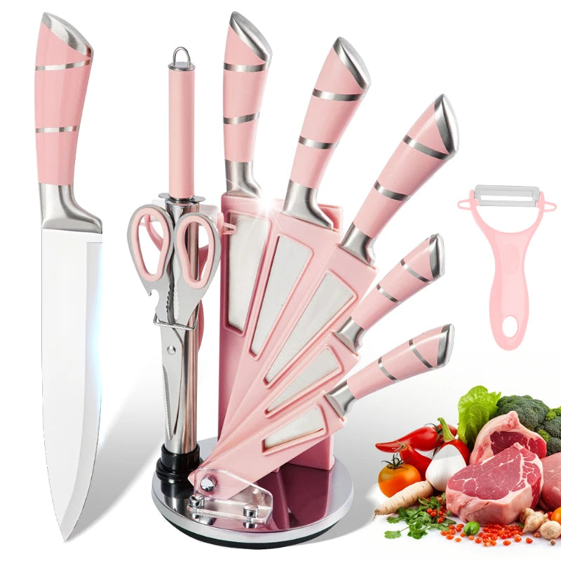 9pcs Stainless Steel Sharp Non-Stick Coated Chef Knives with Sharpener - Our Families Kitchen