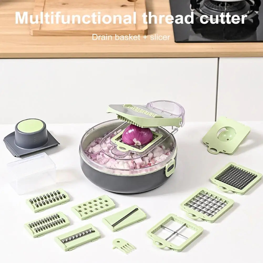 Multi-purpose Vegetable Chopper with Stainless Steel Blades Draining Container 14-in-1 for Fruits - Our Families Kitchen