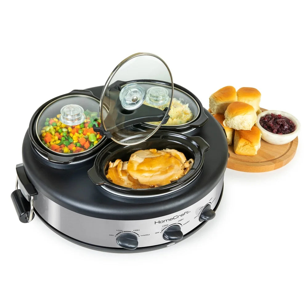 Triple 1.5qt Stainless Steel Slow Cooker, Adjustable Heat Control 3 Ceramic Pots