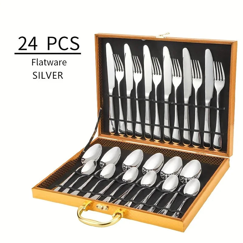 24pcs Elegant Stainless Steel, Classic Style Gift Set Mirror Polish Gold Cutlery - Our Families Kitchen