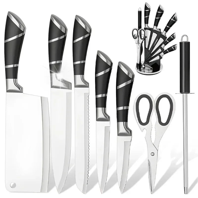 9pcs Stainless Steel Sharp Non-Stick Coated Chef Knives with Sharpener - Our Families Kitchen