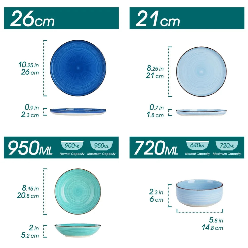 Vancasso Ceramic Tableware 24PCS Color Hand Painted Spirals Pattern Dinner Plates/Dessert/Bowl/Soup Plates - Our Families Kitchen