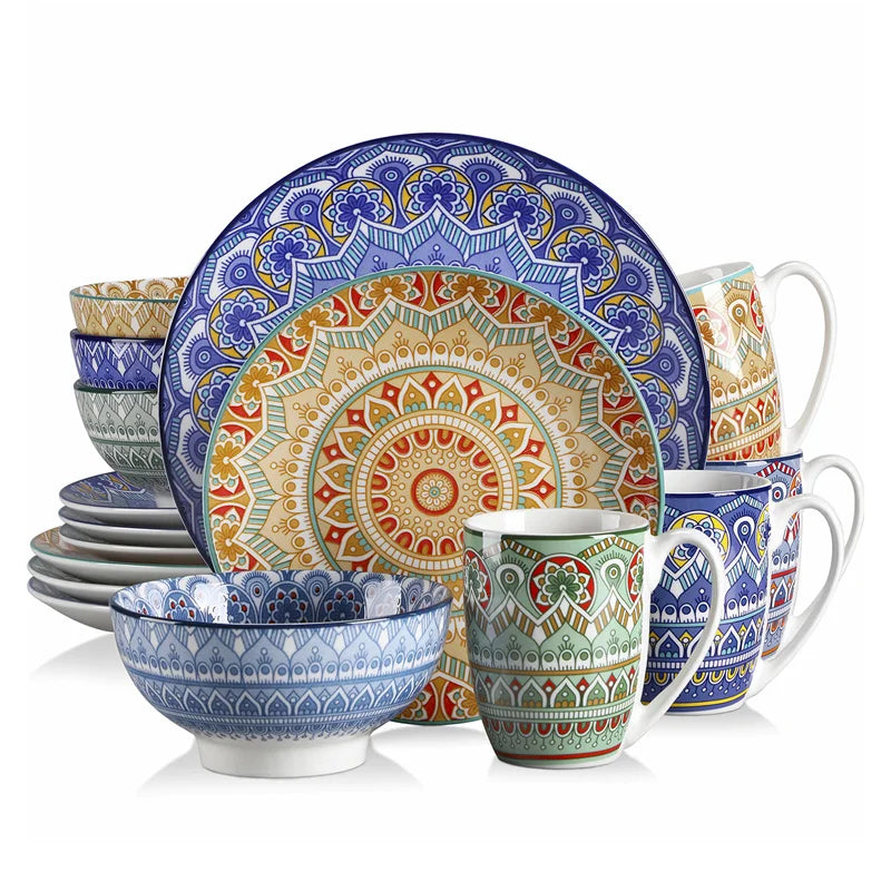 16Pcs Ceremic Porcelain Dinnerware Set Bohemian Mandala Patterned - Our Families Kitchen