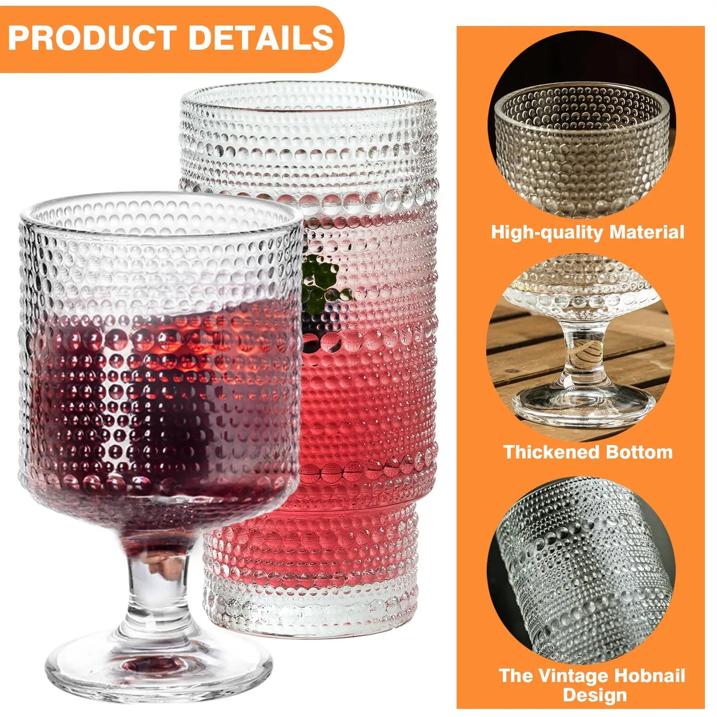 8PCS Vintage Drinking Glasses Hobnail Glassware Includes 8/16 Oz Goblet Wine Glasses Perfect for Beverages Beer Cocktail Whiskey - Our Families Kitchen