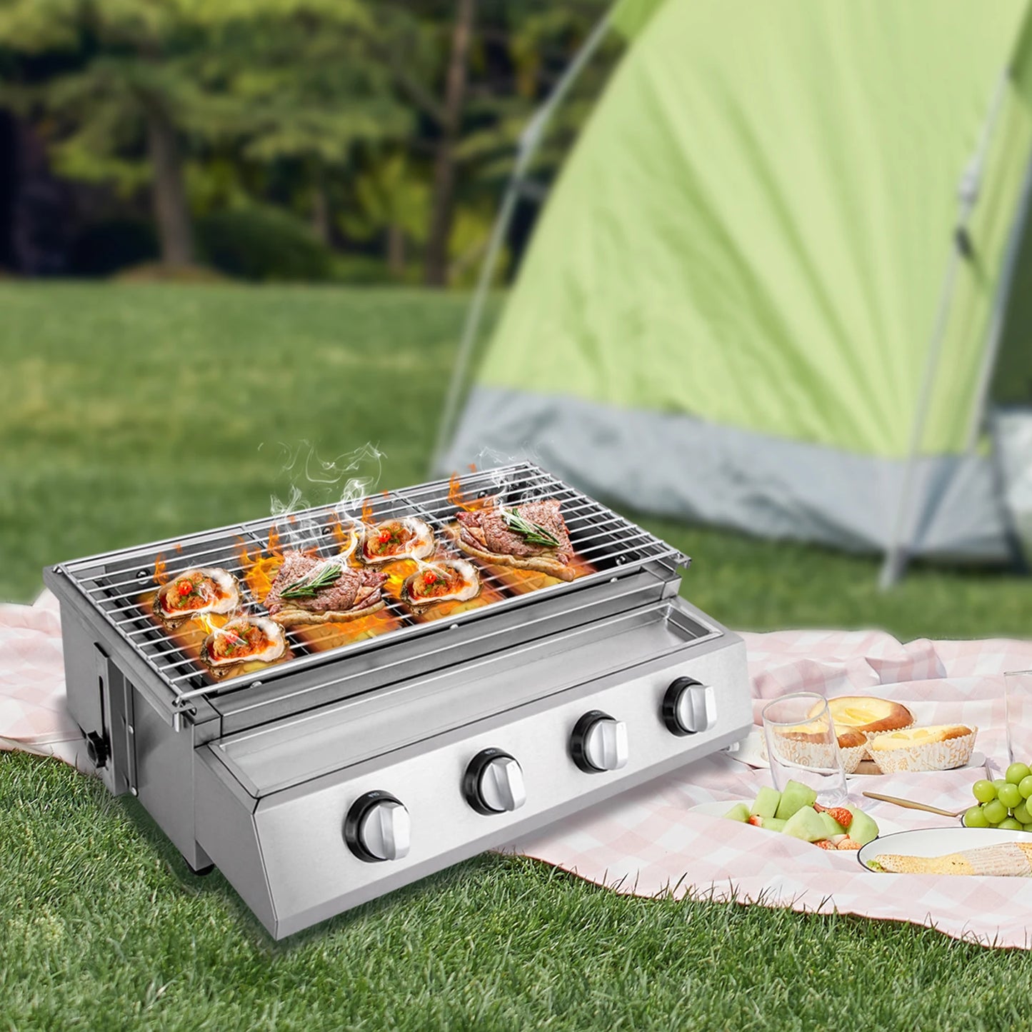 Stainless Steel Smokeless Barbecue Grill 4 Burners, Portable