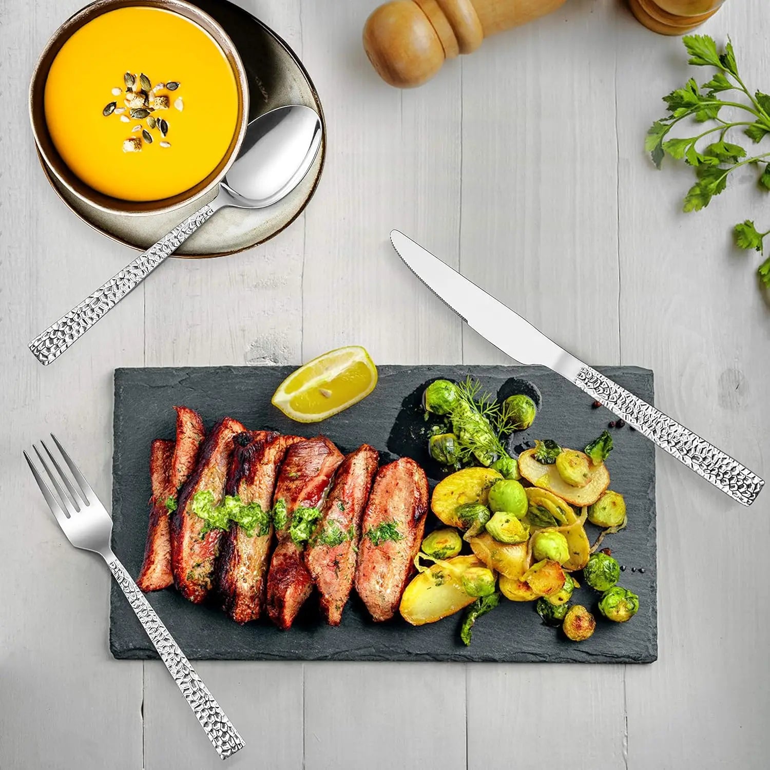 65-Piece Stainless Steel Hammered Flatware Set for 12, with Serving Pieces - Our Families Kitchen