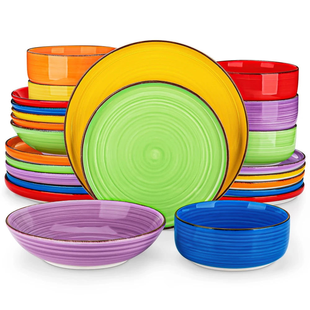 Vancasso Ceramic Tableware Set 24 Piece Mix-Color Hand-painted Spirals Pattern - Our Families Kitchen