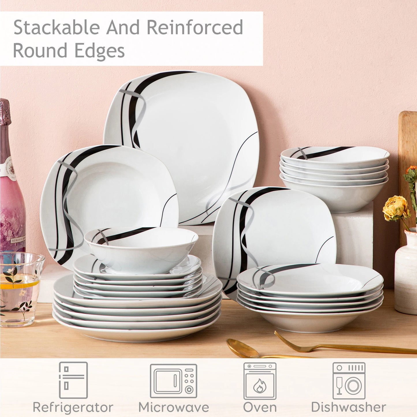 VEWEET FIONA 18/36-Piece Porcelain Ceramic Black Line Kitchen Tableware